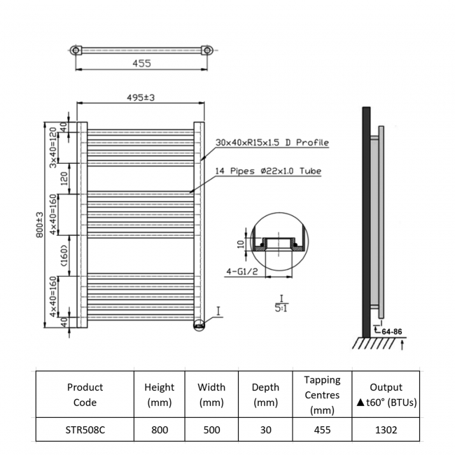 Prestige K-Rail Straight Heated Towel Rail 800mm H x 500mm W Chrome