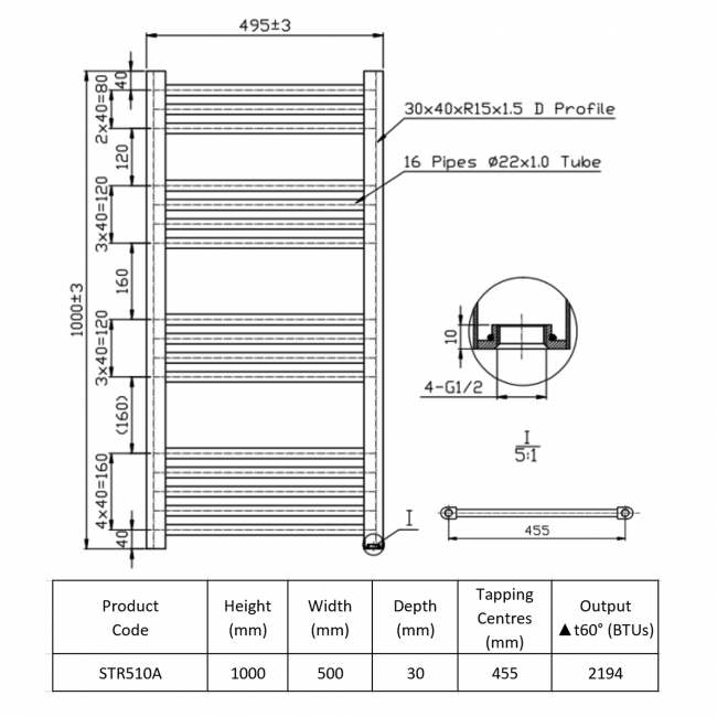 Prestige K-Rail Straight Heated Towel Rail 1000mm H x 500mm W - Anthracite