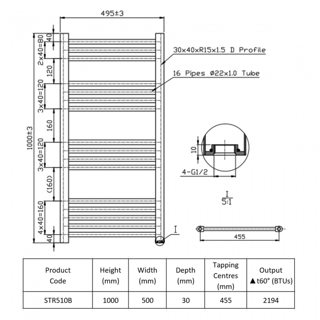 Prestige K-Rail Straight Heated Towel Rail 1000mm H x 500mm W - Black