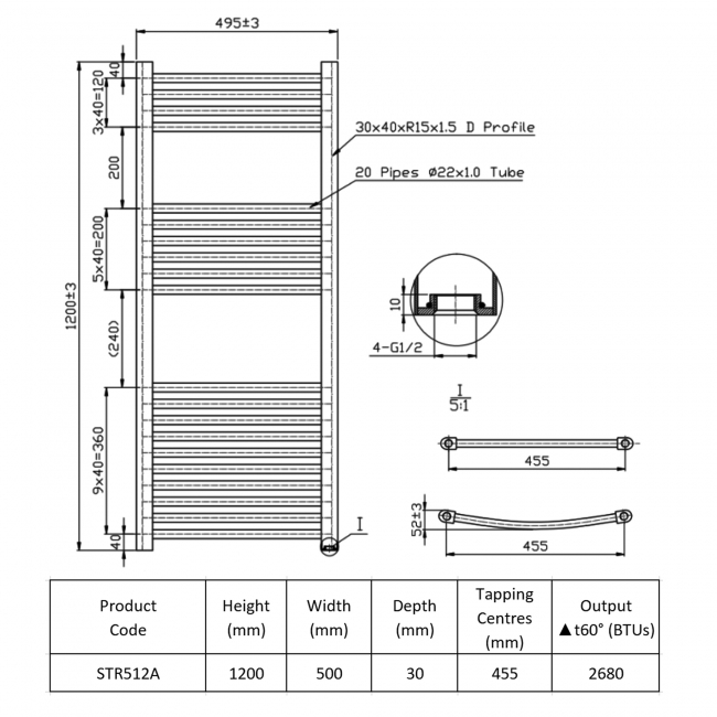 Prestige K-Rail Straight Heated Towel Rail 1200mm H x 500mm W - Anthracite