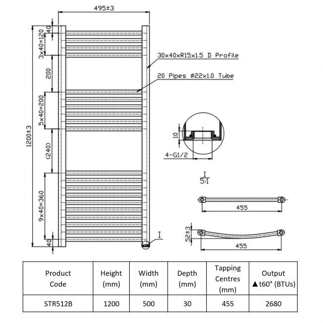 Prestige K-Rail Straight Heated Towel Rail 1200mm H x 500mm W - Black