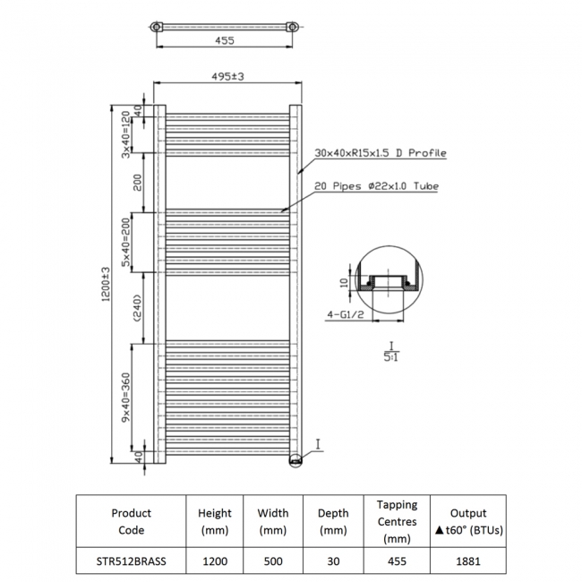 Prestige K-Rail Straight Heated Towel Rail 1200mm H x 500mm W - Brushed Brass