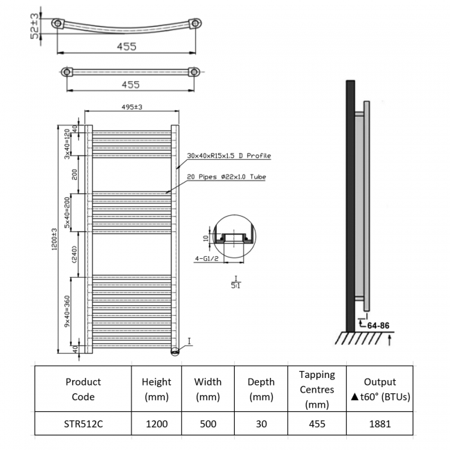 Prestige K-Rail Straight Heated Towel Rail 1200mm H x 500mm W Chrome
