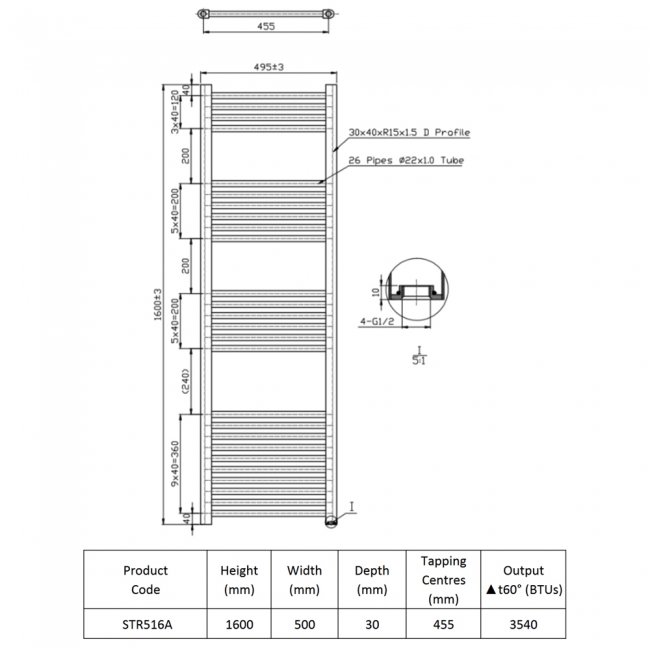Prestige K-Rail Straight Heated Towel Rail 1600mm H x 500mm W - Anthracite