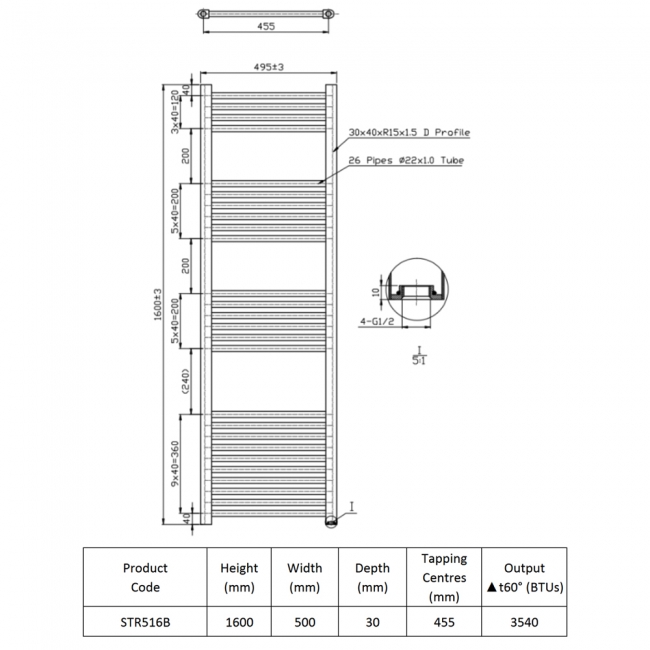 Prestige K-Rail Straight Heated Towel Rail 1600mm H x 500mm W - Black  | Dimension Image