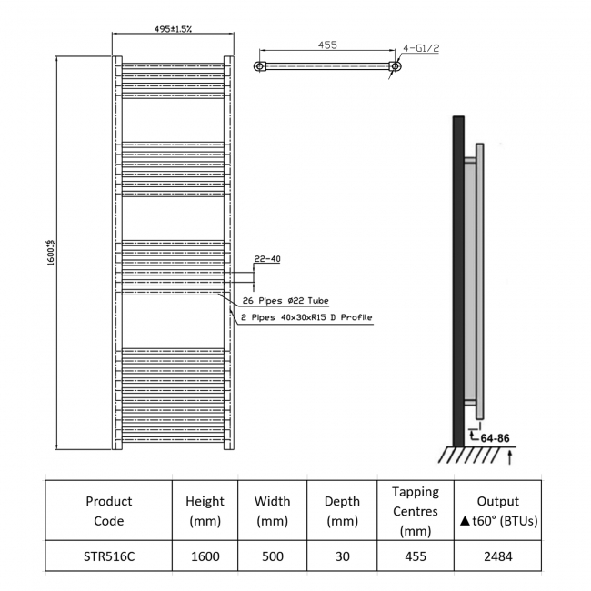 Prestige K-Rail Straight Heated Towel Rail 1600mm H x 500mm W Chrome