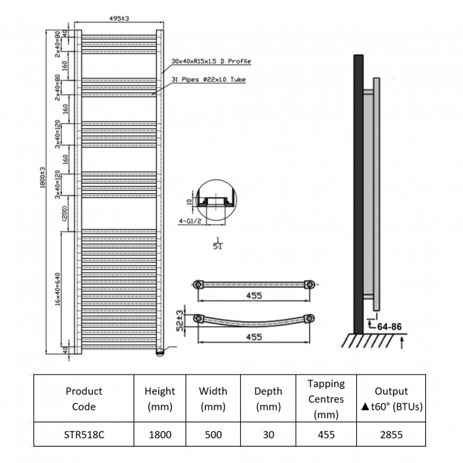 Prestige K-Rail Straight Heated Towel Rail 1800mm H x 500mm W Chrome