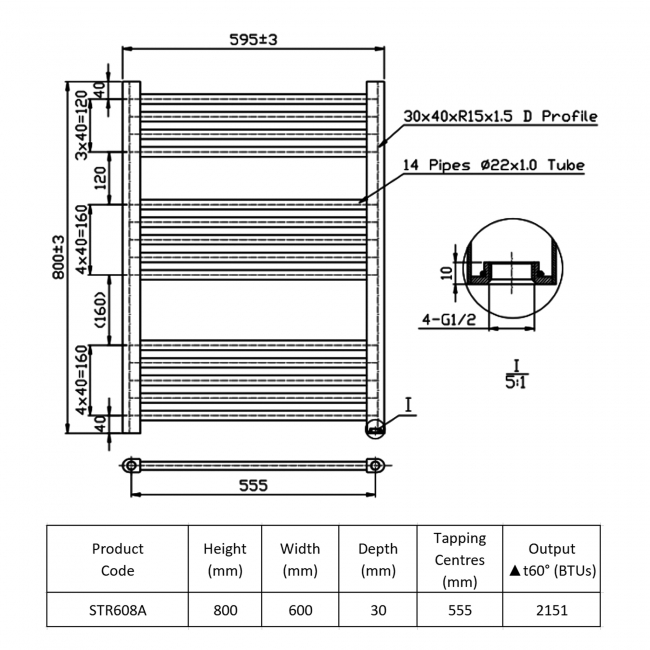 Prestige K-Rail Straight Heated Towel Rail 800mm H x 600mm W - Anthracite