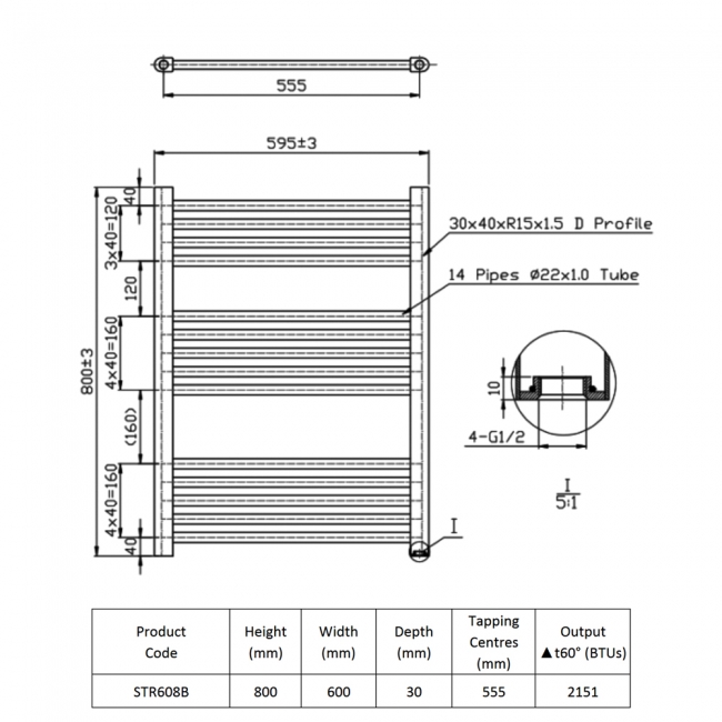 Prestige K-Rail Straight Heated Towel Rail 800mm H x 600mm W - Black