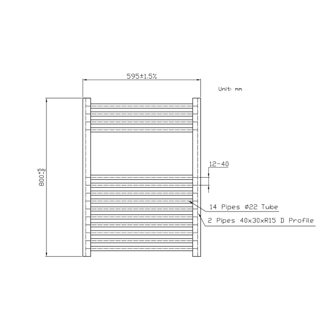 Prestige K-Rail Straight Heated Towel Rail 800mm H x 600mm W - Anthracite  | Dimension Image