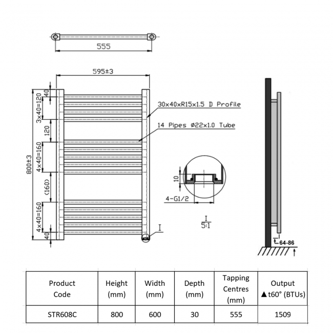 Prestige K-Rail Straight Heated Towel Rail 800mm H x 600mm W Chrome