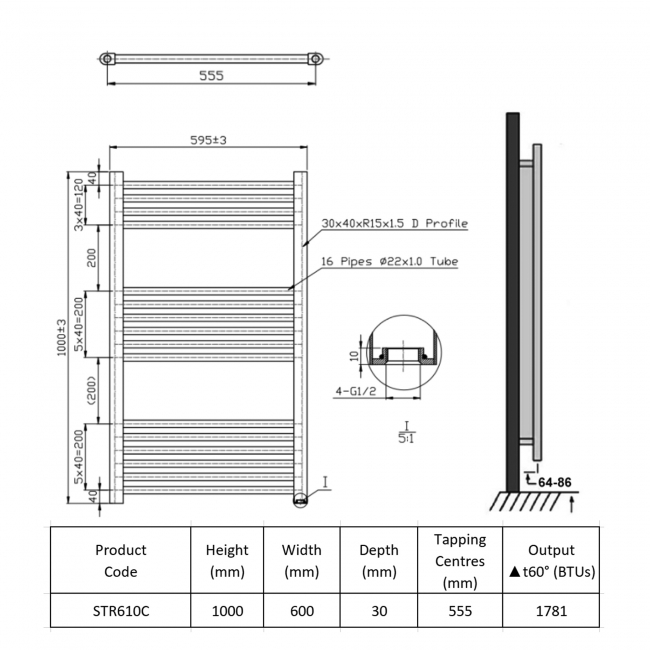 Prestige K-Rail Straight Heated Towel Rail 1000mm H x 600mm W Chrome