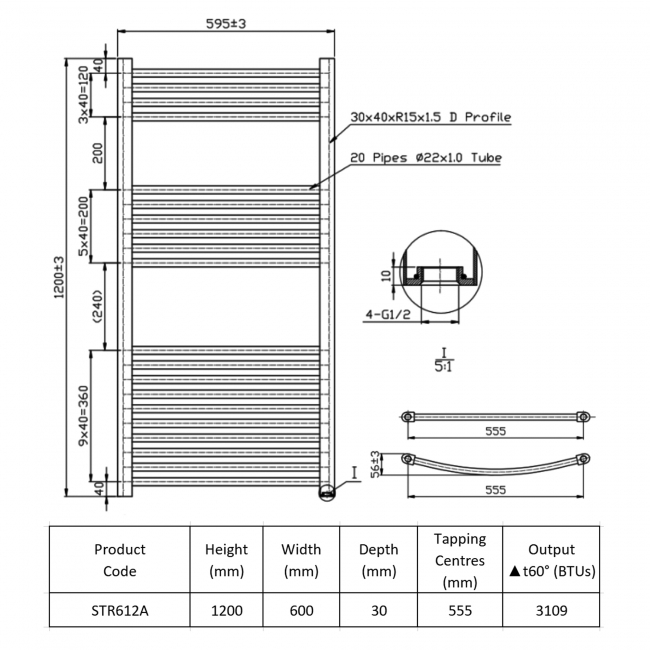 Prestige K-Rail Straight Heated Towel Rail 1200mm H x 600mm W - Anthracite