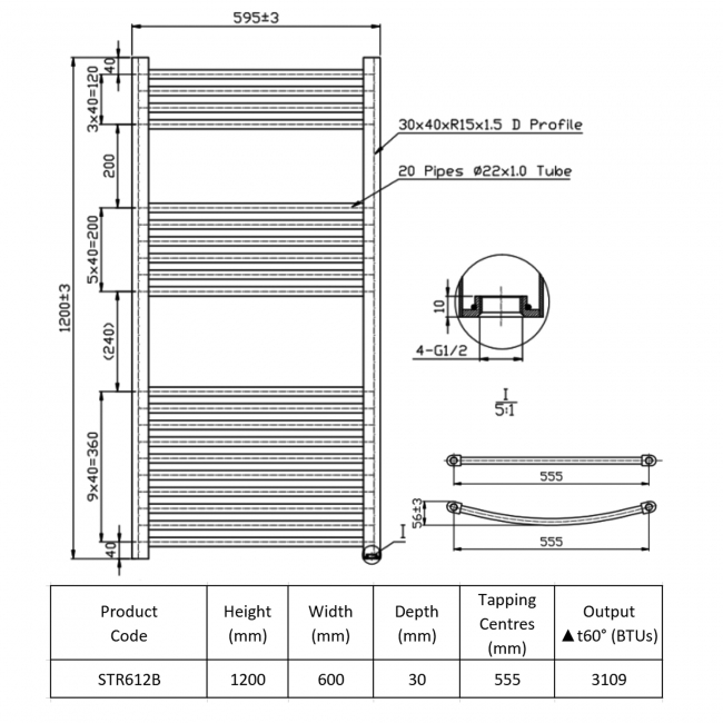 Prestige K-Rail Straight Heated Towel Rail 1200mm H x 600mm W - Black