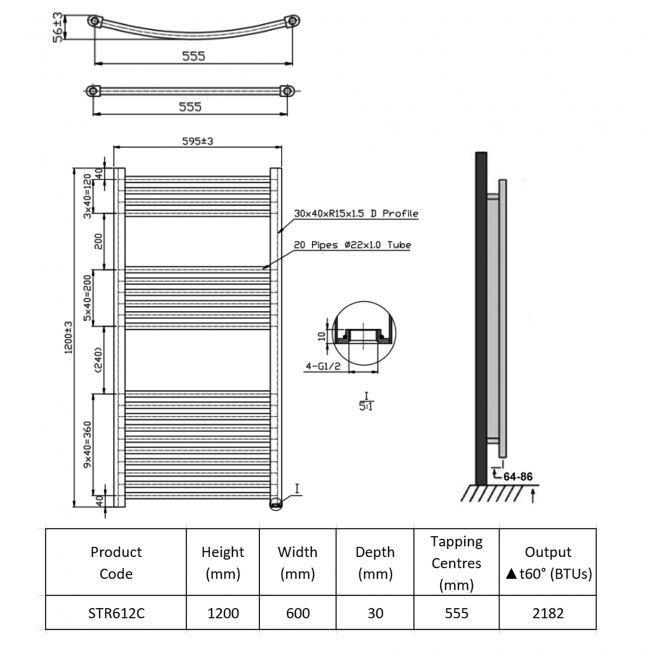 Prestige K-Rail Straight Heated Towel Rail 1200mm H x 600mm W Chrome