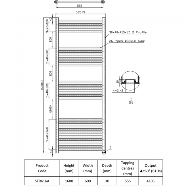 Prestige K-Rail Straight Heated Towel Rail 1600mm H x 600mm W - Anthracite
