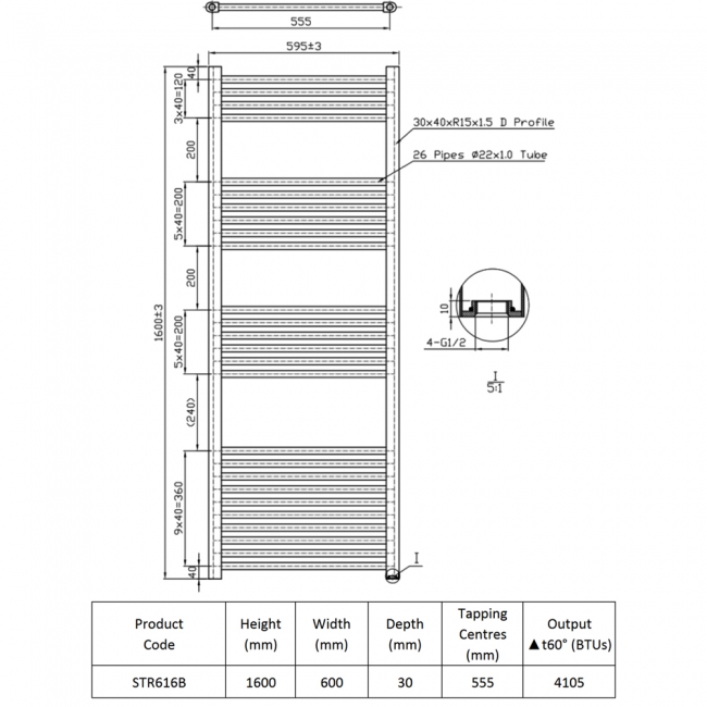 Prestige K-Rail Straight Heated Towel Rail 1600mm H x 600mm W - Black