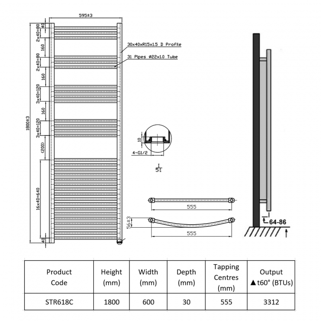 Prestige K-Rail Straight Heated Towel Rail 1800mm H x 600mm W Chrome