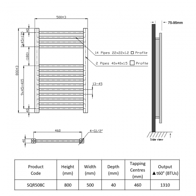 Prestige K-Squared Designer Towel Rail 800mm High x 500mm Wide Chrome