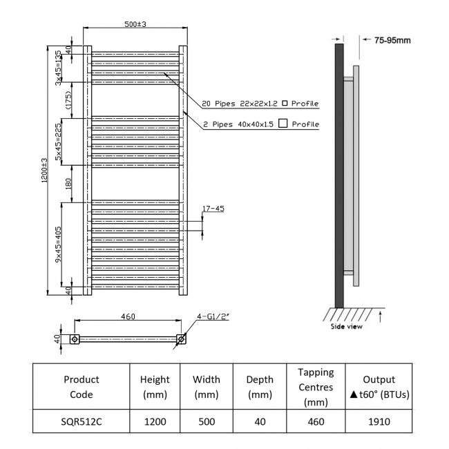 Prestige K-Squared Designer Towel Rail 1200mm High x 500mm Wide Chrome