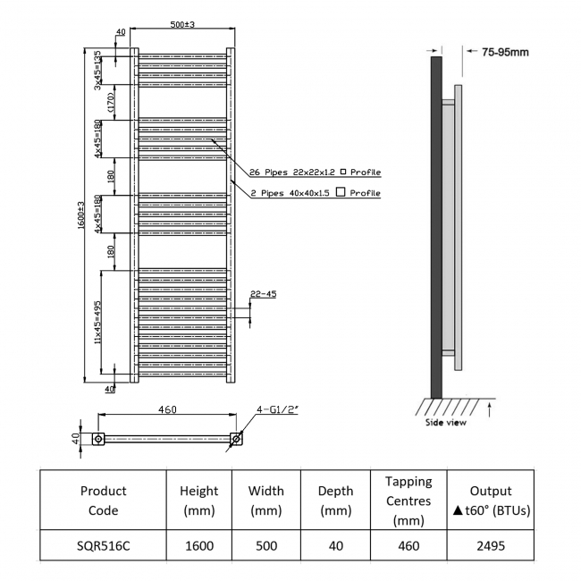 Prestige K-Squared Designer Towel Rail 1600mm High x 500mm Wide Chrome
