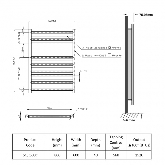 Prestige K-Squared Designer Towel Rail 800mm High x 600mm Wide Chrome