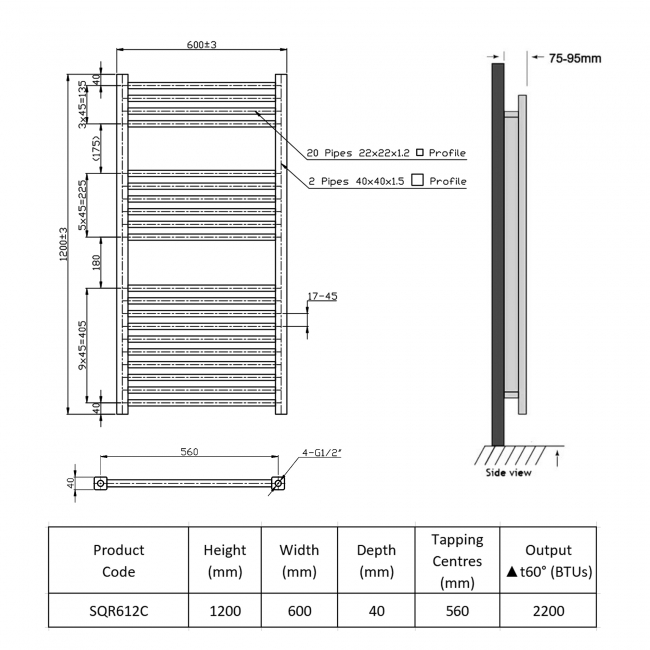 Prestige K-Squared Designer Towel Rail 1200mm High x 600mm Wide Chrome