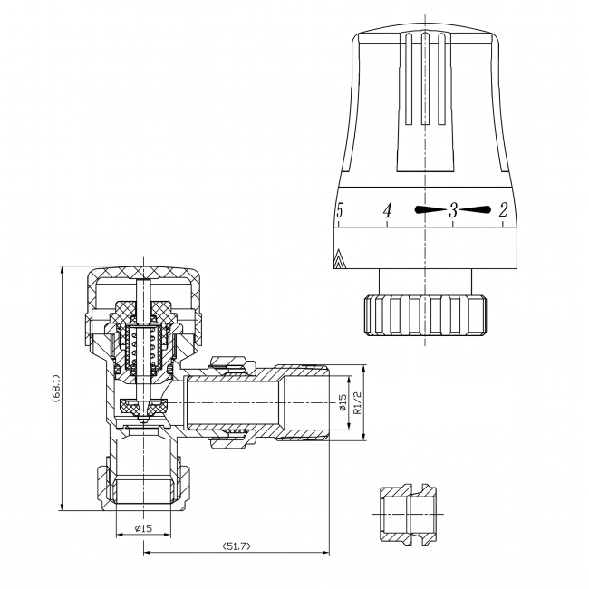 Prestige MaxTherm Style Angled TRV & Lockshield 15mm, White/Chrome  | Dimension Image