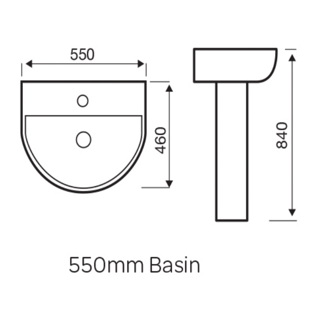 Prestige Kameo Slim Basin with Full Pedestal 550mm Wide - 1 Tap Hole