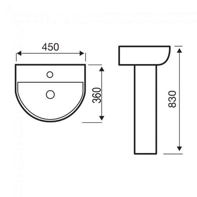 Prestige Kameo Slim Basin with Full Pedestal 450mm Wide - 1 Tap Hole