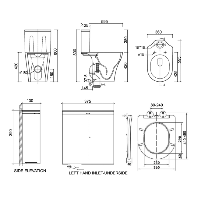 Prestige Kameo Rimless Short Projection Close Coupled Toilet (inc Slim Soft Close Seat)  | Dimension Image