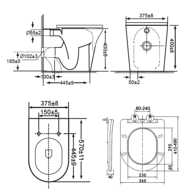 Prestige Kameo Rimless Back to Wall Toilet (inc Slim Soft Close Seat)  | Dimension Image