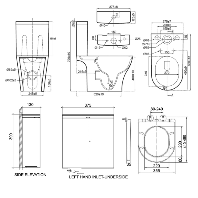 Prestige Kameo Rimless Open Back Close Coupled Toilet (inc Wrapover Soft Close Seat)  | Dimension Image