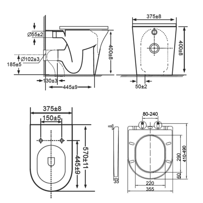 Prestige Kameo Rimless Back to Wall Toilet (inc Wrapover Soft Close Seat)  | Dimension Image