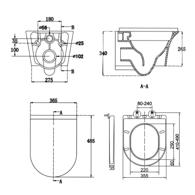 Prestige Kameo Rimless Wall Hung Toilet (inc Soft Close Seat)  | Dimension Image