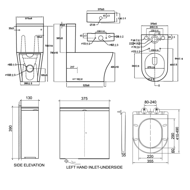 Prestige Kameo Rimless Fully Back to Wall Close Coupled Toilet (inc Soft Close Seat)  | Dimension Image