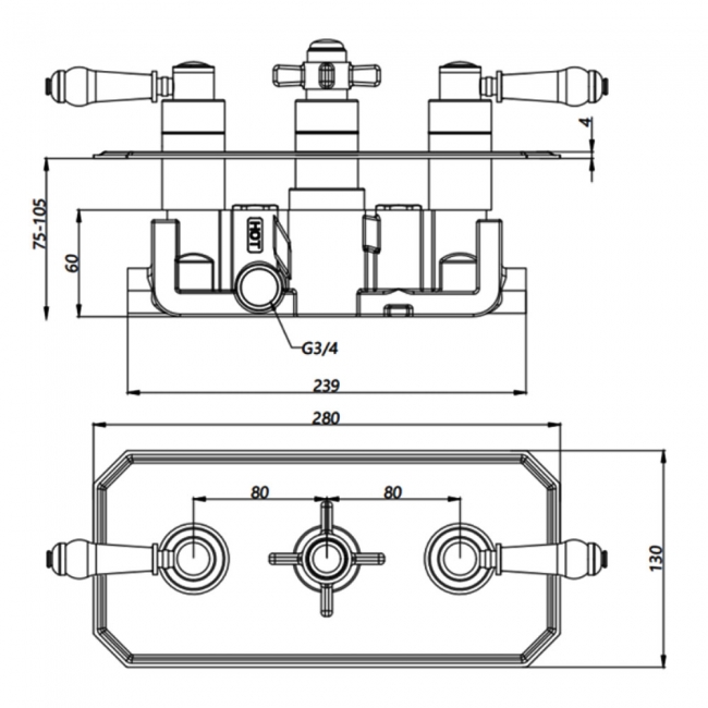 Prestige Klassique Thermostatic 2 Oultlet Concealed Shower Valve Triple Handle - Chrome  | Dimension Image