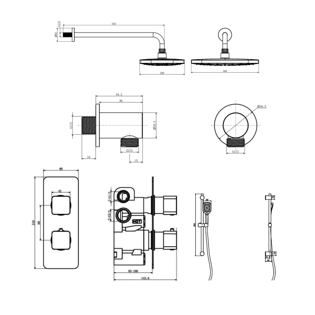 Prestige Kolt Thermostatic Concealed Shower Valve with Adjustable Slide Rail Kit and Fixed Head - Brushed Brass  | Dimension Image