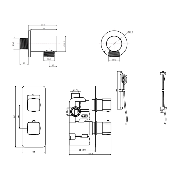 Prestige Kolt Thermostatic Concealed Shower Valve with Adjustable Slide Rail Kit - Chrome  | Dimension Image