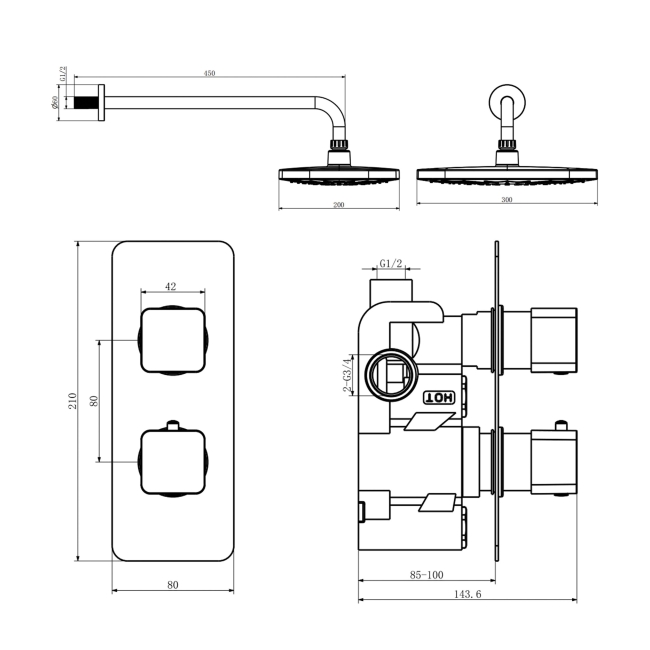 Prestige Kolt Thermostatic Concealed Shower Valve with Fixed Shower Head and Arm - Brushed Brass  | Dimension Image