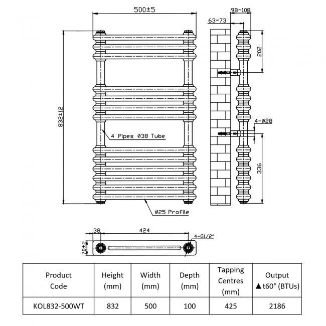 Prestige Kolumn Designer Towel Rail 832mm H x 500mm W - White