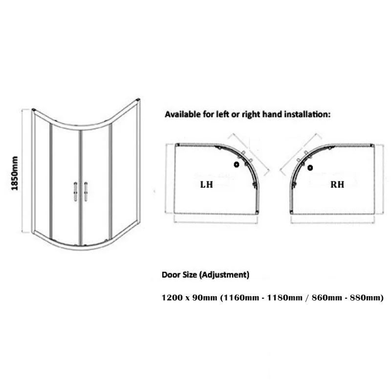 Prestige Koncept Offset Quadrant Shower Enclosure 1200mm x 900mm - 6mm Glass  | Dimension Image