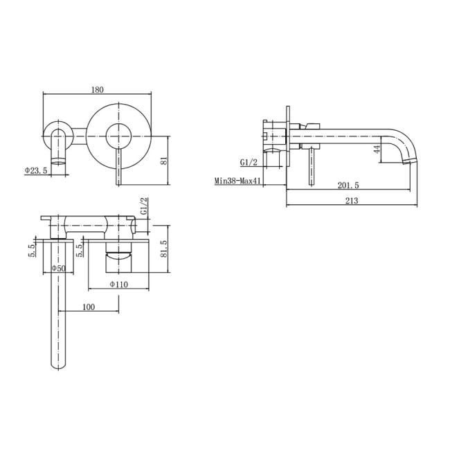 Prestige Kore Wall Mounted Basin Mixer Tap - Chrome  | Dimension Image