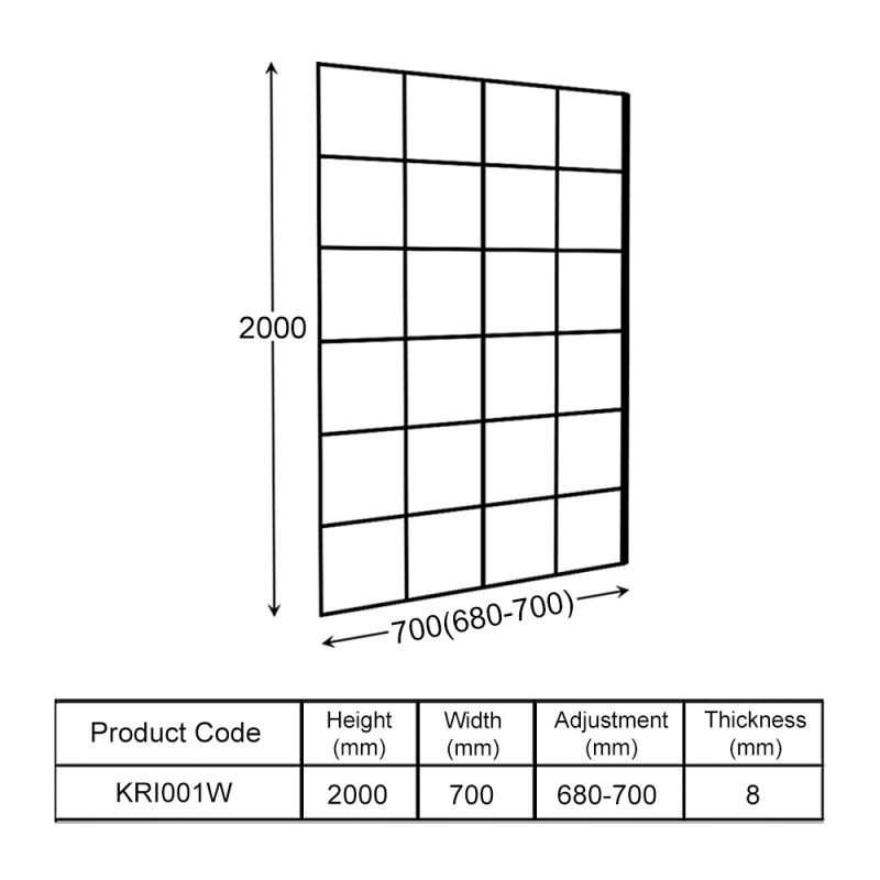 Prestige Koncept Wet Room Screen with Support Bar 700mm Wide - 8mm Glass