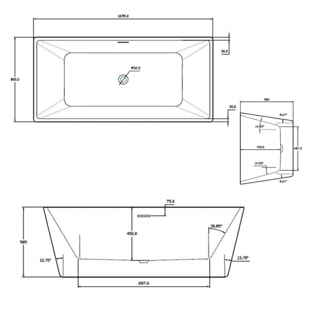 Prestige Kruze Freestanding Bath 1700mm x 800mm - 0 Tap Hole