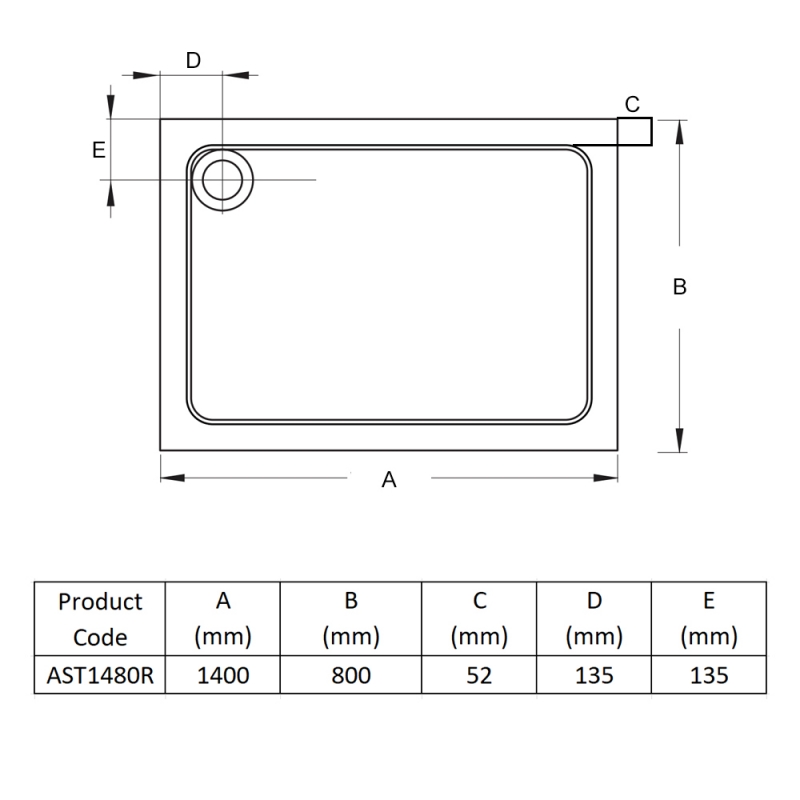 Prestige Foundation Anti-Slip Stone Resin Rectangular Shower Tray 1400mm x 800mm  | Dimension Image
