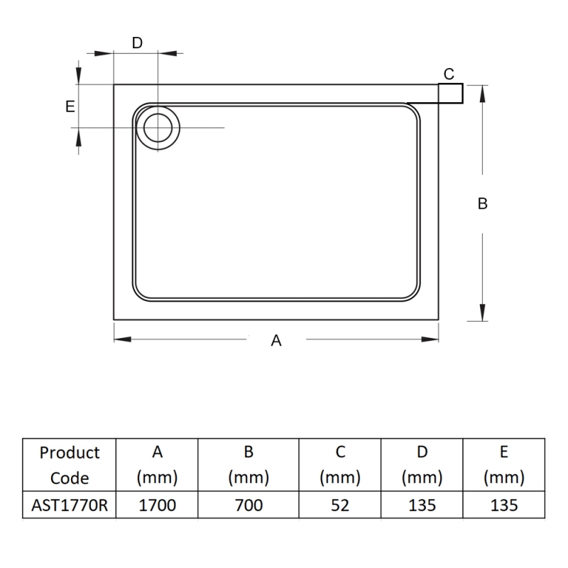 Prestige Foundation Anti-Slip Stone Resin Rectangular Shower Tray 1700mm x 700mm  | Dimension Image