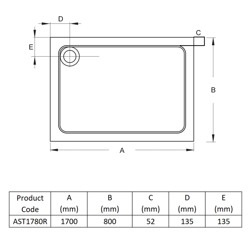 Prestige Foundation Anti-Slip Stone Resin Rectangular Shower Tray 1700mm x 800mm  | Dimension Image