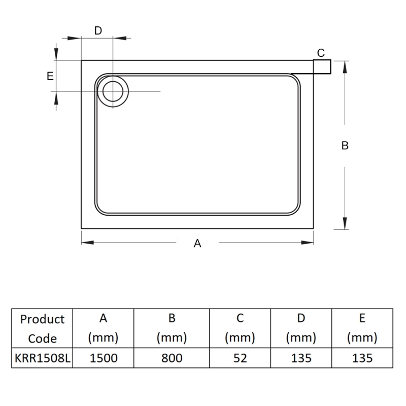 Prestige Foundation Stone Resin Rectangular Shower Tray 1500mm x 800mm  | Dimension Image