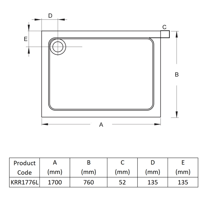 Prestige Foundation Stone Resin Rectangular Shower Tray 1700mm x 760mm  | Dimension Image